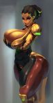 1girl big_breasts breast_support breasts bursting_breasts cutesexyrobutts dark-skinned_female dark_hair dark_skin huge_breasts looking_at_viewer original red_eyes shiny shiny_clothes shiny_skin short_hair standing thick_thighs thighs wide_hips