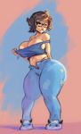 1girl 1girl areola areolae_slip blue_eyes blue_panties breasts brown_hair cleavage cutesexyrobutts glasses mei_(overwatch) midriff navel overwatch panties short_hair simple_background standing t-shirt thick_thighs thighs undressing