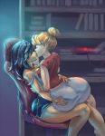 2_girls ass ass_grab black_hair blonde_hair breast_press bun cleavage closed_eyes cutesexyrobutts highlights kissing large_ass multiple_girls original shiny_skin sitting sitting_on_lap yuri