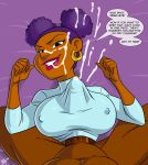 aeolus afro_puffs bbc big_breasts big_penis big_testicles breasts cum cum_on_face cum_on_hair dc dcau female male paizuri paizuri_under_clothes penis pov puff puff_(static_shock) purple_hair smile speech_bubble static_shock testicles text