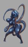 1girl 1girl areola ass big_breasts black_hair black_skin blue_eyes breast_grab breasts cutesexyrobutts glowing_eyes large_ass nipples original shiny shiny_skin simple_background slime_girl standing tentacle thick_thighs thighs