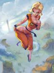 1girl 1girl abs android_18 ass big_breasts blonde_hair breasts bursting_breasts cleavage cosplay cutesexyrobutts dragon_ball_z flying green_eyes large_ass muscular muscular_female orange_clothes pants_pull shiny shiny_skin shirt_pull short_hair son_goku toned wide_hips