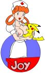  breast_sucking breastfeeding breasts exposed_breasts female female_human gif no_bra nurse_joy nurse_uniform partially_clothed pikachu pokemon standing winking 