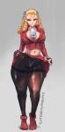 1girl 1girl blonde_hair capcom cleavage curly_hair cutesexyrobutts highleg_panties karin_kanzuki looking_at_viewer midriff navel panties pantyhose red_clothes shiny shiny_skin skindentation skirt_lift standing street_fighter thick_thighs thighs white_panties wide_hips