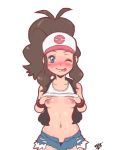 breasts hilda hilda_(pokemon) jean_shorts looking_at_viewer nintendo pokemon pokemon_(game) pokemon_black_and_white pokemon_bw shirt_lift tongue touko_(pokemon) winking