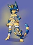  1girl 2018 4_ties 5_fingers animal_crossing ankha ankha_(animal_crossing) anthro armband bandage blue_hair breasts capcom cat cosplay digital_media_(artwork) dot_eyes egyptian fbende feline furry hair hand_on_hip looking_at_viewer mammal menat_(street_fighter) navel nintendo pose short_hair simple_background standing street_fighter striped_tail stripes under_boob video_games 