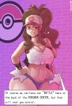 1girl baseball_cap big_breasts blue_eyes breasts brown_hair carmessi daisy_dukes dialogue english_text erect_nipples half-shirt hat hilda_(pokemon) human pokemon ponytail spoken_heart standing text tied_hair touko_(pokemon) wide_hips