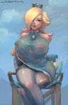 big_breasts blonde_hair blue_dress blue_eyes crown cutesexyrobutts earrings huge_breasts leggings legs_crossed lips lipstick looking_at_viewer nipples princess_rosalina see-through sitting super_mario_bros. tennis_ball tennis_racket thick upskirt