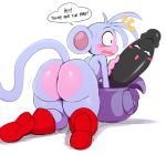 2018 animate_inanimate anthro ass big_ass blush boots boots_(dora_the_explorer) bubble_butt clothing dildo dora_the_explorer english_text footwear furry high_res huge_ass kneel male mammal monkey nick_jr. nickelodeon nude open_mouth primate sex_toy simple_background sssonic2 sweat text