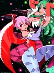  2_girls big_breasts capcom dragonsinmysky female_only green_eyes green_hair morrigan_aensland pink_hair red_eyes sex_face tagme vampire 