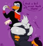  1girl anthro ass avian big_ass bird black_hair butt_expansion clothing disney duck ducktales english_text eyeshadow feathers furry gigantic_ass hair high_res looking_back magic magica_de_spell makeup smile standing sutibaruart tearing_clothes text torn_clothing white_feathers 