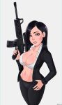 assault_rifle beige_skin big_breasts black_hair breasts brown_eyes cleavage dana_loesch female gun milf nra shadman solo tease therealshadman weapon