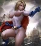 big_breasts blonde_hair blue_eyes boob_window breasts cleavage cleavage_cutout comic_book_character costume dc dc_comics huge_breasts justice_society_of_america kara_zor-l karen_starr kryptonian logan_cure nipples power_girl short_blonde_hair short_hair