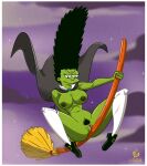 big_breasts broom_riding broomstick erect_nipples green_skin marge_simpson pubic_hair pussy pussy_lips spread_legs stockings the_simpsons thighs witch