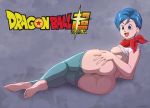 1girl :d ass breasts bulma bulma_brief bulma_briefs demenarts88 dragon_ball_super female looking_back lying nipples on_side pants_down pussy shirt_lift smile text