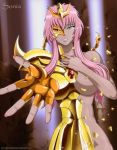 1girl armor big_breasts blue_eyes broken_armor covering_breasts crying looking_at_viewer nude_female pink_hair saint_seiya saint_seiya_omega scorpio_sonia shoulder_armor tan_skin tiara