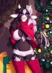 1girl 1girl 2017 anthro big_breasts black_hair bovine bra breasts clothing detailed_background ear_piercing eyebrow_piercing eyelashes facial_piercing furry hair horn legwear looking_at_viewer mammal multicolored_hair navel nose_piercing piercing purple_eyes smile spefides stockings teeth tree two_tone_hair underwear white_hair