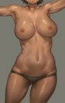  1girl 1girl 1girl archway_of_venus armpits arms_up asymmetrical_breasts bare_shoulders big_breasts breasts brown_hair closed_mouth cowboy_shot dark_skin female_only gluteal_fold grey_background grey_panties head_out_of_frame high_resolution navel nipples original outstretched_arms panties shiny shiny_skin short_hair simple_background topless underwear yohan1754 