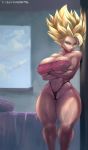 1girl 1girl big_breasts blonde_hair breasts caulifla crossed_arms dragon_ball_super dragon_ball_z green_eyes highleg_panties leaning long_hair looking_at_viewer navel panties standing suggestive thick_thighs thighs thongs toned tubetop under_boob