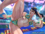 1girl armpits big_breasts bikini black_hair bracelet breasts brown_legwear capcom china_dress chinese_clothes chun-li cleavage collarbone dress earrings fantasy fighting_stance jewelry judash137 kicking light-skinned_female light_skin long_hair looking_at_viewer open_mouth parted_lips pelvic_curtain puffy_sleeves sash short_hair side_slit street_fighter sweat swimsuit thick_thighs thighs toned wet