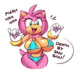  1girl amy_rose anthro big_breasts bikini bracelet breasts clothing death_by_snoo_snoo evil_laugh furry gloves green_eyes hairband hedgehog laugh mammal sega short_stack squidapple swimsuit 