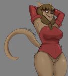 1girl 1girl anthro big_breasts bottomless breasts clothed clothing feline furry hair hands_behind_head izzy223 mammal miranda_(wakfu) pubes pussy smile standing tight_clothing wakfu wide_hips