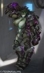 1girl big_breasts black_sclera breasts cleavage cutesexyrobutts exo-suit green_hair green_skin looking_at_viewer monster_girl navel standing starbound