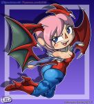 animal_crossing animal_crossing_boy ass blue_eyes breasts collaboration crossover darkstalkers digital_media_(artwork) fanart fangs halloween jackintaro looking_at_viewer louis_aensland nintendo pink_hair simple_background succubus villager_(animal_crossing) wings