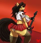 1girl 1girl 2018 absurd_res amber_steel anthro ass big_breasts black_hair breasts cleavage clothed clothing electric_guitar equine fan_character fingerless_gloves furry gloves guitar hair high_res horn horse legwear looking_at_viewer looking_back mammal metalfoxxx miniskirt musical_instrument my_little_pony panties pose red_theme skirt stockings underwear unicorn