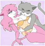  1girl aeris_(vg_cats) anthro areola blush bottomless breast_suck breasts cat chemise closed_eyes clothed clothing feline fur furry grey_fur leo_(vg_cats) lingerie male male/female mammal nude pink_fur pussy simple_background smile soupbag sucking vg_cats webcomic 