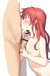 1boy 1girl blush breasts censor_bar censored chigusa_asuha completely_nude contentious_content erection hetero in_profile leaning_forward long_hair male male_pubic_hair navel navel_licking nipples nude penis pubic_hair qualidea_code red_eyes red_hair sekiya_asami simple_background small_breasts solo_focus tekoki testicle_grab tongue tongue_out