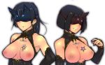 16:10_aspect_ratio 1girl 2_girls areola big_breasts black_hair black_nails breast_tattoo breasts breasts_out_of_clothes em etou_toshiko grin inverted_nipples kitagou_fumika mask medium_breasts multiple_girls nail_polish nipples revealing_clothes short_hair smile tattoo upper_body world_witches_series