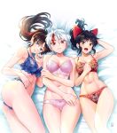  alluring big_breasts black_hair blue_underwear bra han&#039;you_no_yashahime higurashi_towa inuyasha laying_on_bed long_hair medium_breasts moroha pink_underwear red_underwear setsuna_(yashahime) short_hair small_breasts thighs underwear voluptuous white_hair yashahime:_princess_half-demon 