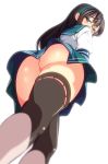  1girl 846-gou ahoge aqua_hairband ass black_hair blue_eyes blush brown_hair clothing curvaceous dat_ass female_only from_behind green_skirt hairband high_resolution huge_ass kantai_collection light-skinned long_hair looking_at_viewer looking_back looking_down megane nopan ooyodo_(kantai_collection) pleated_skirt puffy_short_sleeves puffy_sleeves rimless_eyewear rimless_glasses sailor_collar school_uniform serafuku shirt short_sleeves simple_background skirt stockings tareme thick_thighs thighs upskirt very_long_hair viewed_from_below walking white_background white_shirt wide_hips 