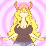  ^_^ animated areola areolae artist_name big_breasts blonde_hair bouncing_breasts breast_drop flashing gif hat horns huge_areola huge_areolae huge_breasts index_finger index_finger_raised jiggle kobayashi-san_chi_no_maidragon miss_kobayashi&#039;s_dragon_maid multicolored_eyes nipples quetzalcoatl_(dragon_maid) shirt shirt_lift short_shorts shorts twistedgrim 