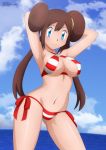 1girl alluring armpit beach blush cute hands_behind_head medium_breasts mei_(pokemon) pokemon pokemon_(game) pokemon_bw2 red_bikini rosa side-tie_bikini smoke solo striped_bikini striped_swimsuit zel-sama