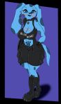  1girl 2018 anthro big_breasts blue&#039;s_clues blue_(blue&#039;s_clues) blue_eyes boots breasts canine cleavage clothed clothing collar dog ear_piercing english_text footwear furry goth hand_in_pocket high_res huge_breasts long_ears looking_at_viewer makeup mammal nick_jr. nickelodeon piercing simple_background suirano text 