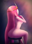 1girl adventure_time ass breasts butt closed_eyes crown dat_ass female female_only hair humanoid naked nude nudity pink_hair pink_skin princess_bubblegum redbenjamin royalty sideboob signature sitting stool underboob