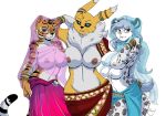  1girl 4_breasts anthro breast_size_difference breasts clothed clothing digimon feline furry group kung_fu_panda looking_at_viewer mammal master_tigress multi_breast nipples renamon sheer_clothing smile standing tiger topless translucent transparent_clothing wide_hips yawg 