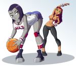 2_girls 2girls ass basketball basketball_(ball) basketball_uniform bent_over breasts dat_ass dc_comics female_only grey_skin koriand'r looking_back nipples orange_skin rachel_roth raven_(dc) ravenravenraven sportswear starfire teen_titans topless yoga_pants yuri