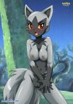 1girl anthro bbmbbf black_fur blush breasts canine covering female grey_fur looking_at_viewer nintendo nipples nude palcomix pokemon pokepornlive poochyena pussy tail video_games