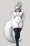  1girl 2017 anthro areola big_breasts breasts canine chest_tuft clothing collar erect_nipples fur furry hair high_res keidran legwear mammal marady nipples pink_nose pubes pussy raine_(twokinds) simple_background stockings thick_thighs tuft twokinds webcomic webcomic_character white_fur white_hair wolf yellow_eyes 