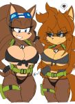  1girl 2015 5_fingers akatsukishiranui-fox annoyed anthro big_breasts blue_eyes breasts brown_fur canine cleavage clothed clothing crossed_arms dog_tags eyewear fan_character fineeve_the_wolf_soldier fingerless_gloves front-tie_top fur furry gloves goggles hedgehog huge_breasts jaymi_the_hedgehog knotted_shirt looking_down mammal panties pants sega shirt simple_background smile sonic_oc sonic_the_hedgehog_(series) sunglasses thick_thighs tied_shirt torn_clothing underwear voluptuous white_background wide_hips wolf 