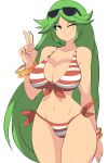 1girl 1girl bangle big_breasts bigdead bikini bracelet breasts cleavage female_focus front-tie_bikini front-tie_top green_eyes green_hair high_res jewelry kid_icarus long_hair matching_hair/eyes midriff milf navel nintendo palutena photoshop side-tie_bikini smile striped striped_bikini sunglasses sunglasses_on_head super_smash_bros. swimsuit very_long_hair white_background wink