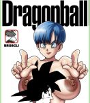  1boy 1girl artist_name blue_eyes blue_hair breasts bulma bulma_brief bulma_briefs dragon_ball dragon_ball_super dragon_ball_z female female_human huge_breasts lipstick nipples nude nude_female pointing_at_viewer saiyan short_hair son_goku tagme white_background 