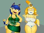 1girl 2017 2018 4_fingers animal_crossing ankha ankha_(animal_crossing) anthro big_breasts black_eyes blonde_hair blue_fur blue_hair blush bra breasts canine cat cleavage clothed clothing colored digital_drawing_(artwork) digital_media_(artwork) dog dress duo feline freepancakes fur furry hair headwear high_res isabelle_(animal_crossing) makeup mammal multicolored_fur nintendo nipple_bulge open_mouth panties sharp_teeth shih_tzu shirt simple_background skirt smile standing teeth thick_thighs two_tone_fur underwear video_games yellow_fur