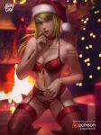 bra christmas finger_in_mouth fireplace lingerie logan_cure looking_at_viewer metroid nintendo on_knees samus_aran santa_hat stockings