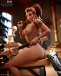  3d artist_name ass beer_stein big_breasts breasts brigitte_lindholm brown_eyes brown_hair completely_nude eichenwalde_(map) fireboxstudio gears high_resolution long_hair mace nipples nude overwatch patreon_logo patreon_username ponytail shield shoulder_tattoo smile straddling tattoo tavern tied_hair very_high_resolution weapon web_address 