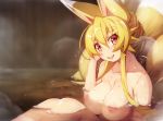 1girl 1girl 1girl :d animal_ears bath bathing big_breasts blonde blush breasts completely_nude fang female_only fox_tail hair_up izuna_(shinrabanshou) kitsunemimi long_hair looking_at_viewer multiple_tails nipples nude open_mouth partially_submerged red_eyes saru_000 shinrabanshou smile steam tail water wet