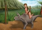  1girl breasts dinosaur jess_harding jurassic_park looking_at_viewer mostly_nude no_bra no_panties raithial triceratops uselessboy 